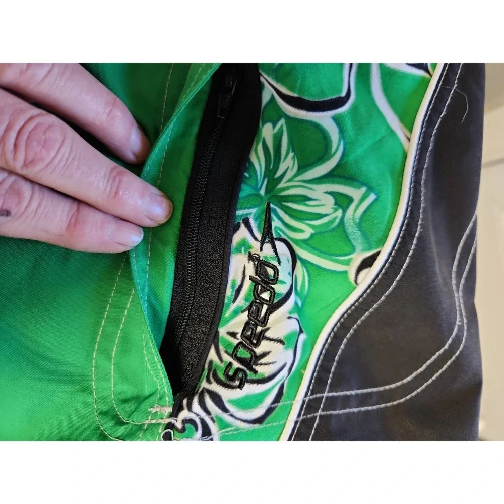 Mens Swim Shorts Trunks‎ Speedo Lined Black Green Floral Hawaiian Aloha Large L